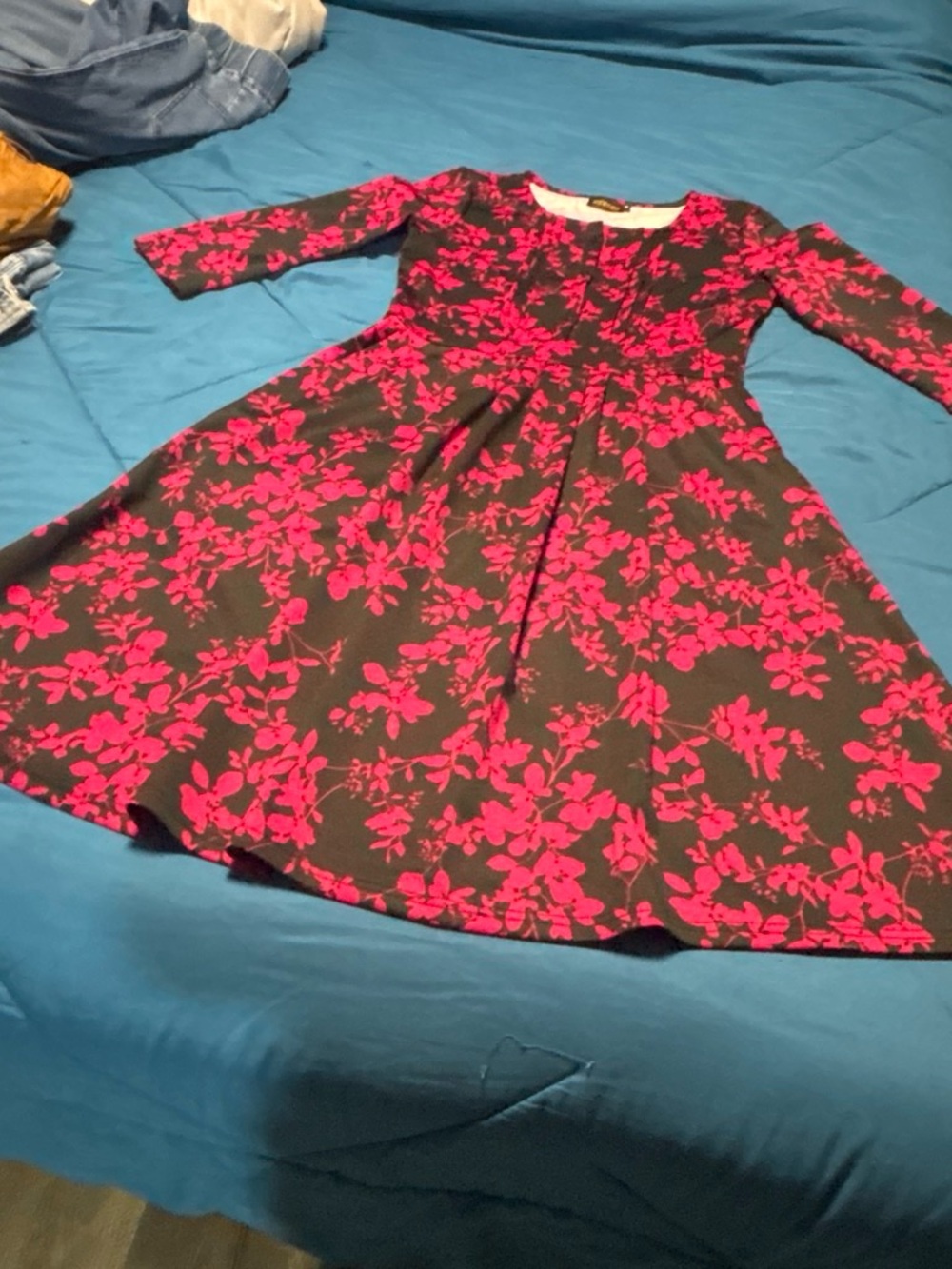 Women' Floral Fit-and-Flare Dress - Black with Red Flowers